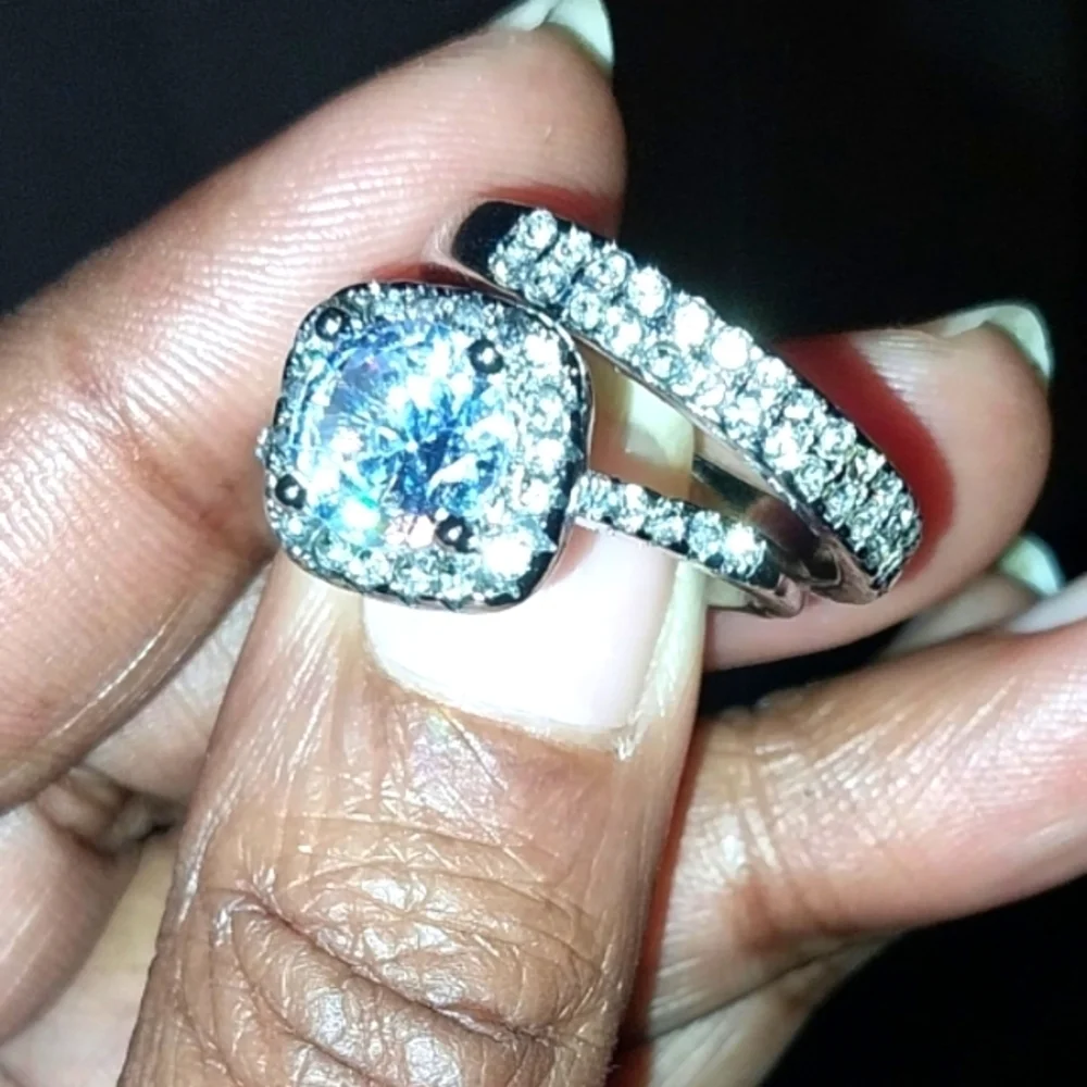 Ladies Elegant Princess Cut Lab Created Diamonds Wedding Ring Set
